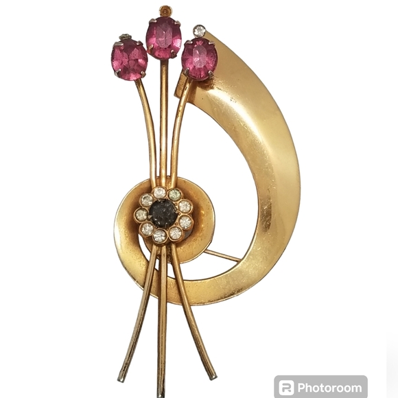 Coro Jewelry - CORO 194OS LARGE GOLDTONE & AUSTRIAN CRYSTAL MID CENTURY  MODERN BROOCH